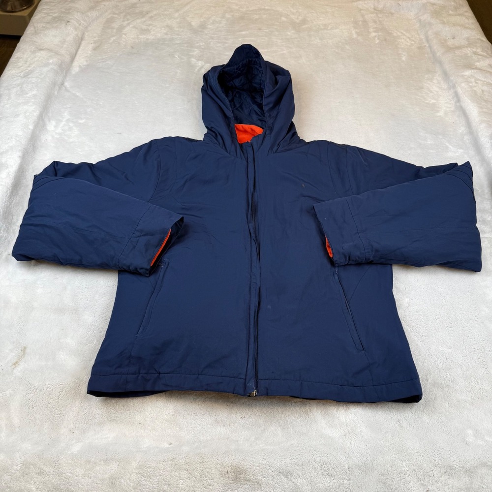 Adidas ClimaWarm Hooded Jacket Womens Large Navy Blue Orange Fleece Lined Zip